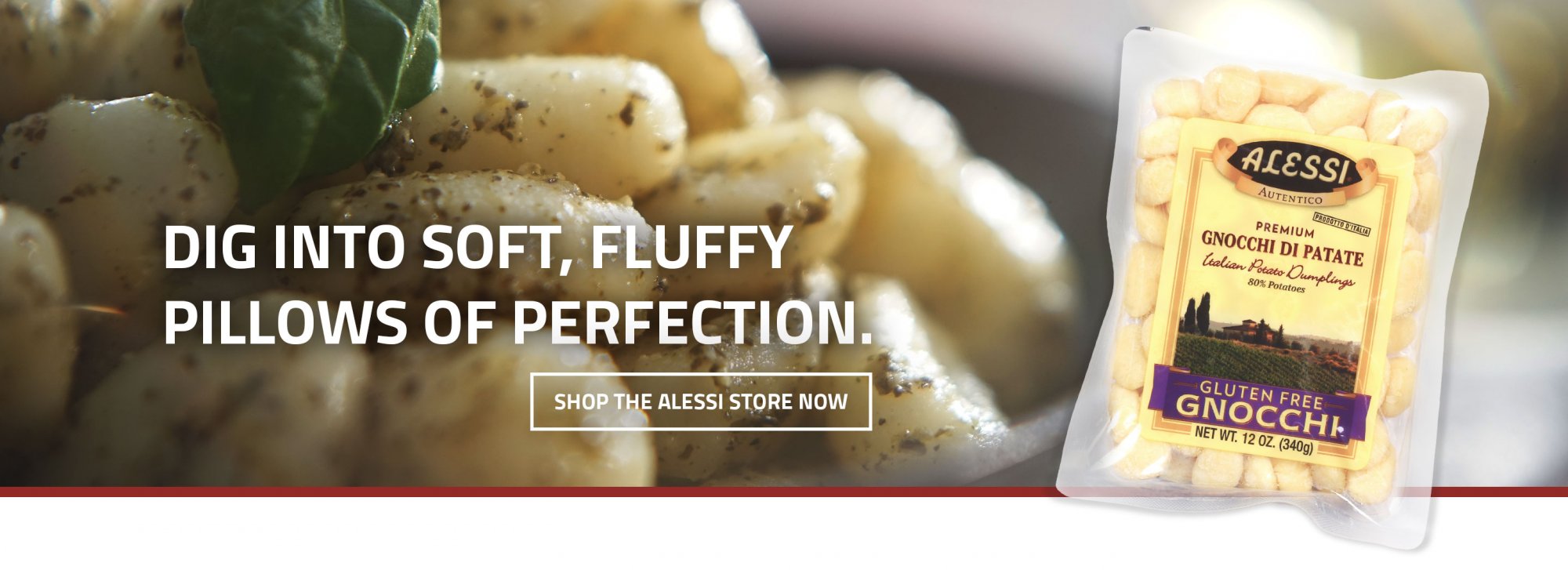 Gnocchi package with prepared bowl. "Dig into soft, fluffy pillows of perfection."