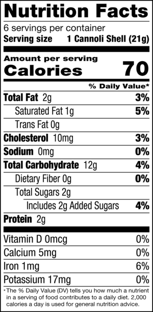 nutrition label for Large Cannoli Shells