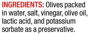 ingredients label for Vigo Pitted Calamata Olives